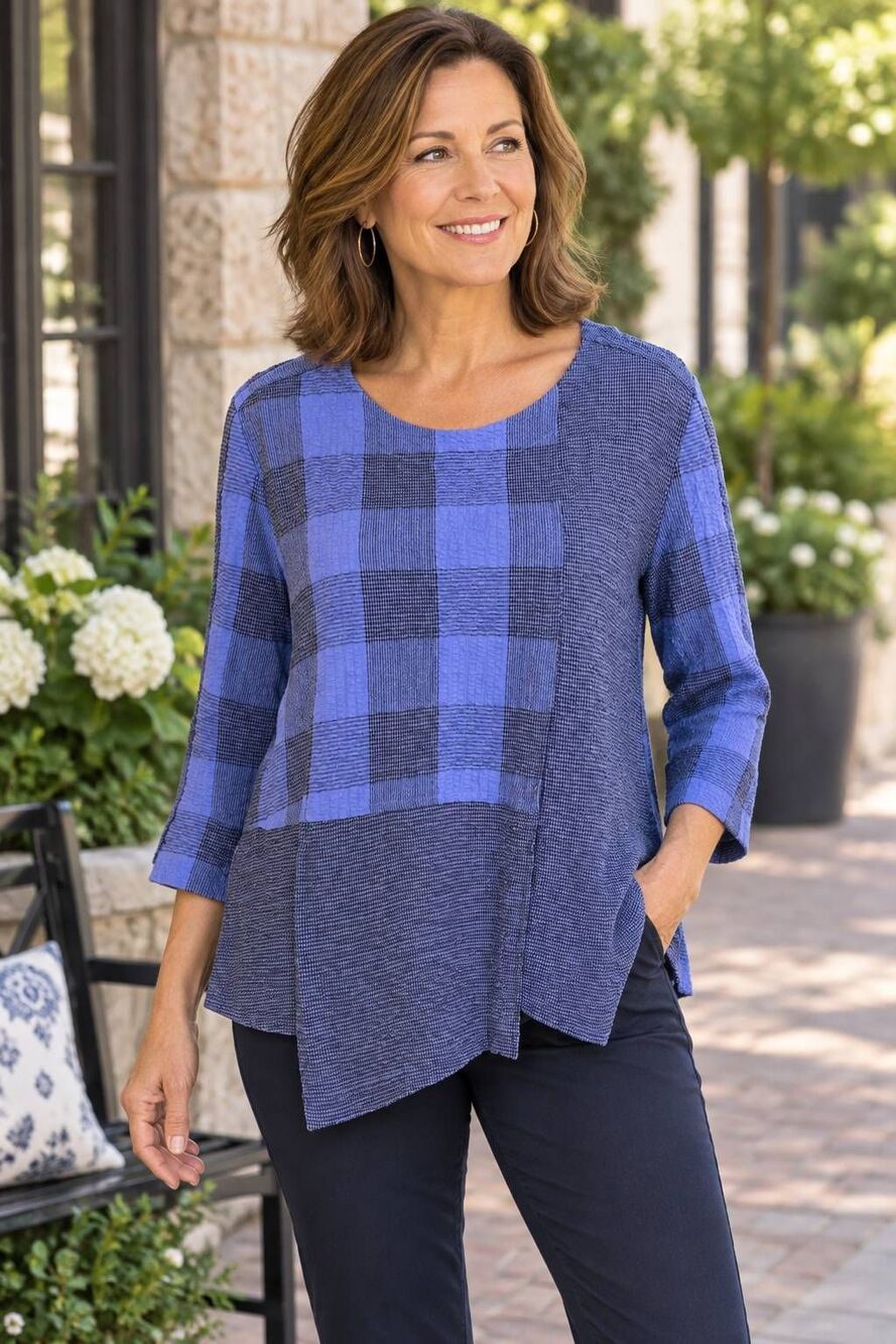 Habitat Clothes to Live In Lavender Plaid Textured Asymmetrical Tunic Top Medium